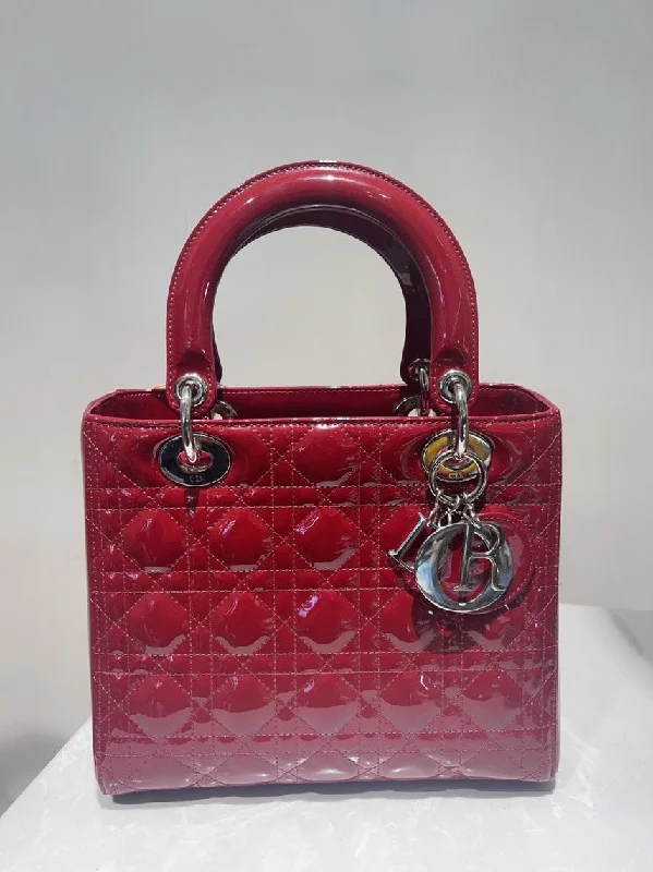 Dior Lady Dior MM Red Patent Leather 2Way Handbag