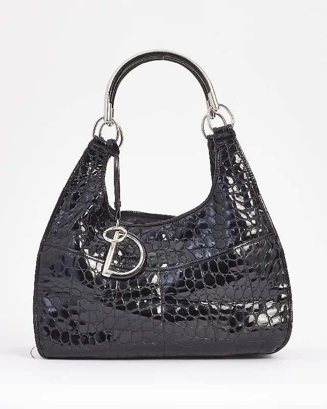 Dior Black Croc Embossed Patent Leather Hobo Bag