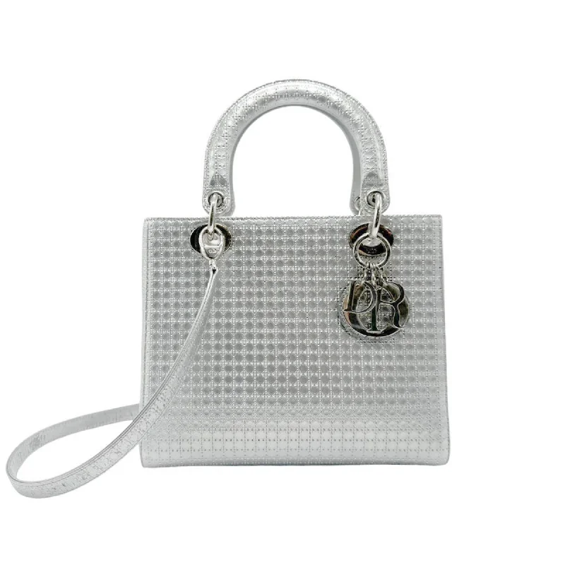 Christian Dior handbag shoulder bag Lady coated leather silver ladies n0495