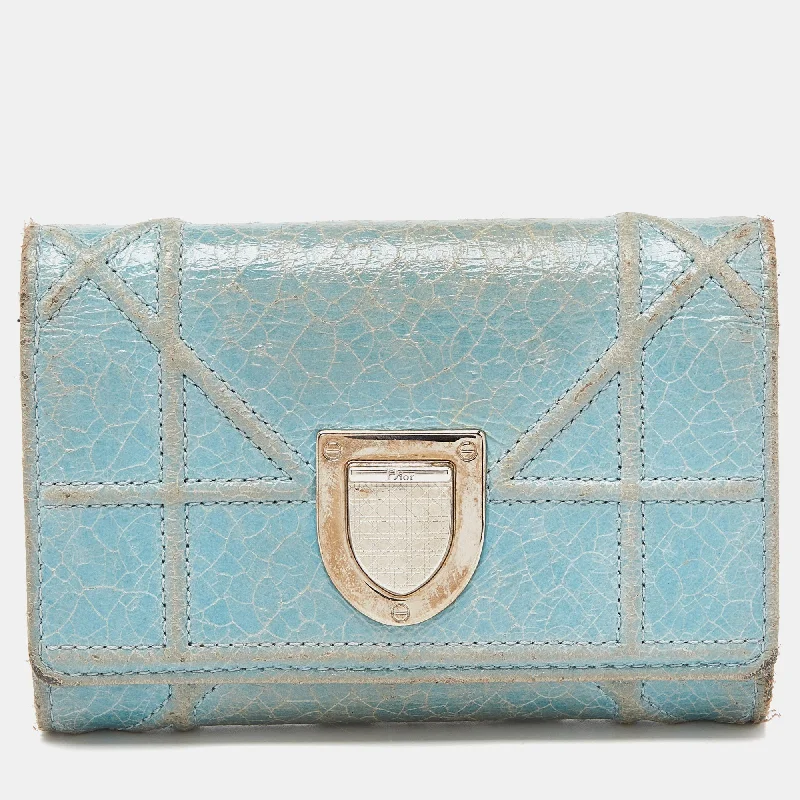 Dior Blue Crinkled Leather Diorama Trifold Wallet