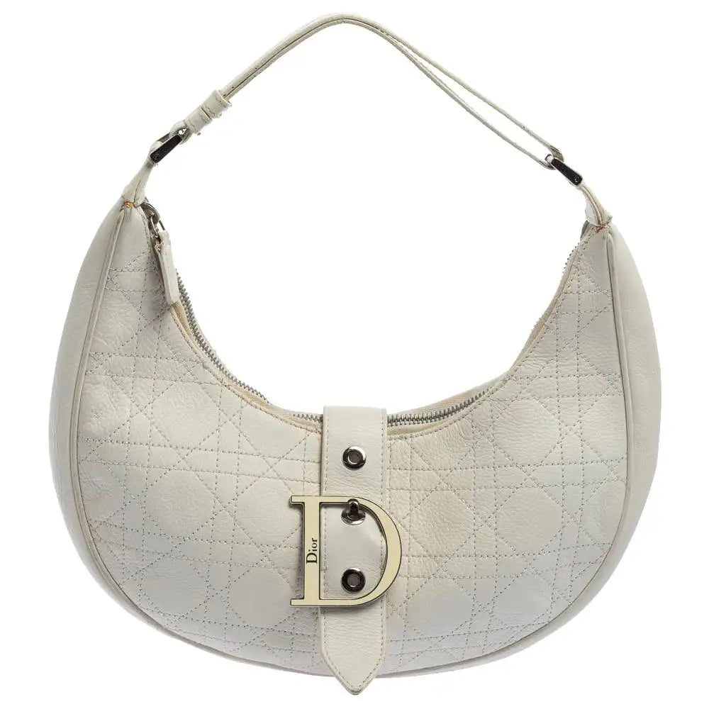 Dior White Cannage Leather D Flap Half Moon Hobo Bag