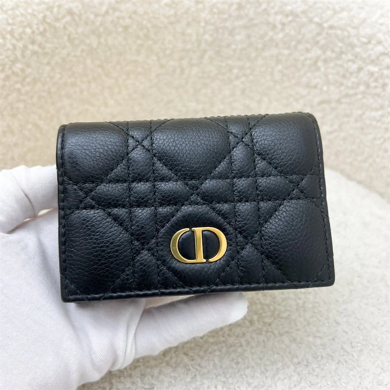 Dior Caro Compact Wallet / Card Holder in Black Supple Cannage Calfskin and GHW