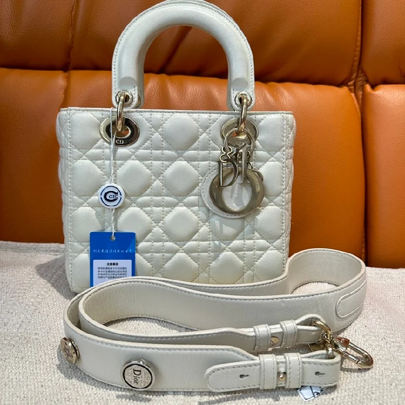 Dior Lady Dior White Leather Quilted Handbag With Strap