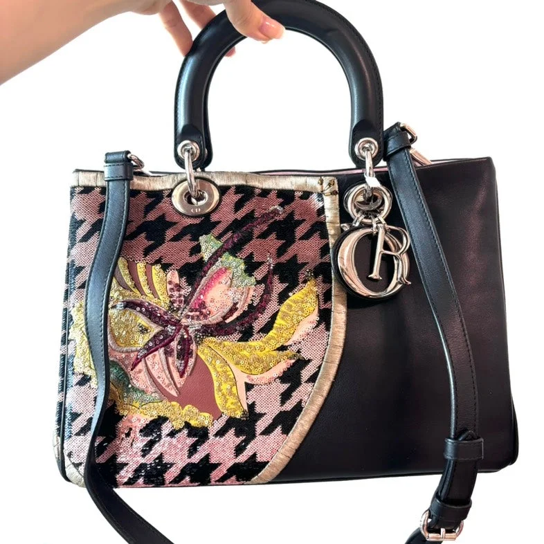 Dior Lady Dior Black Multicolor Embroidered Leather Medium Handbag