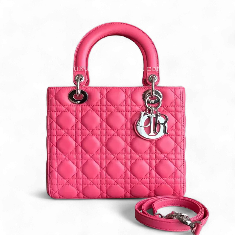 Dior Lady Medium - Cannage Lambskin Hot Pink Handbag Silver Hardware