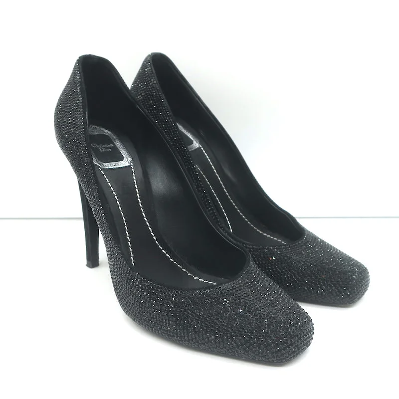 Christian Dior Crystal-Embellished Pumps Black Suede Size 39