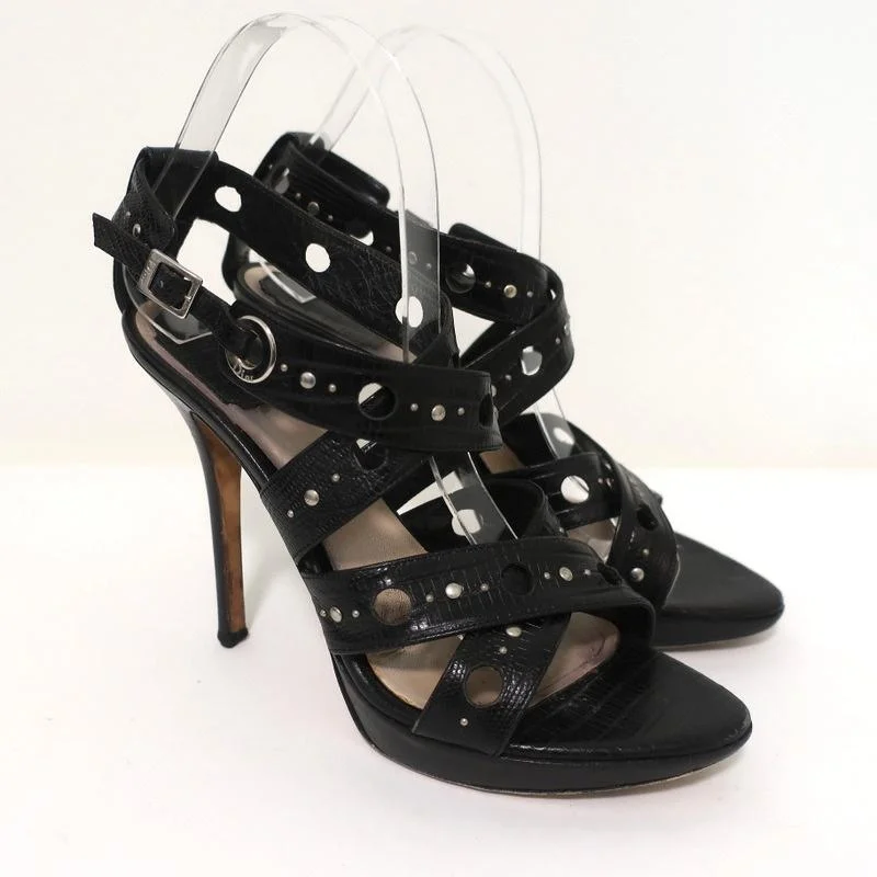 Christian Dior Bubble Sandals Black Lizard-Embossed Leather Size 39 Strappy Heel