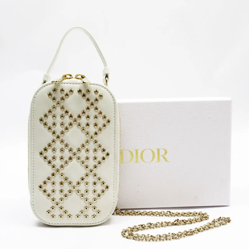 Christian Dior Phone Folder Shoulder Bag Leather/Metal Off-White/Gold Women's w0151g