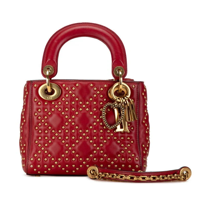 Christian Dior Dior Lady Studs Handbag Shoulder Bag Red Gold Leather Women's