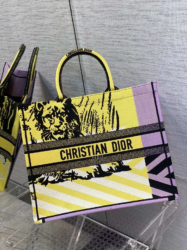 Christian Dior Large Book Tote Bright Yellow and Pink D-Jungle Pop Embroidery, Yellow/Pink,