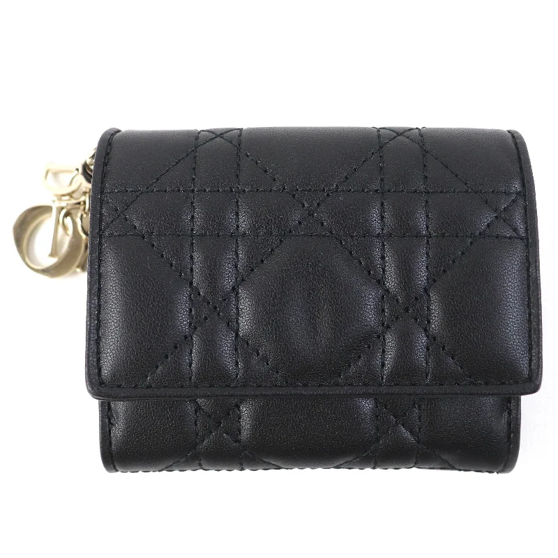 Christian Dior Tri-fold wallet leather black Lady Dior Canage