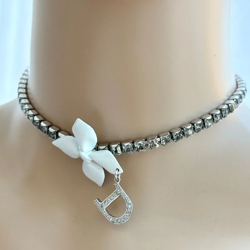 Dior Crystal Silver White Flower Choker Necklace