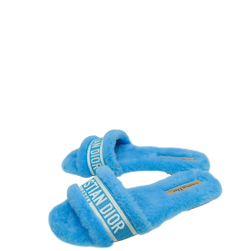 Christian Dior Dynamic Blue Chez Moi Embroidered Shearling Slide Sandals 37.5