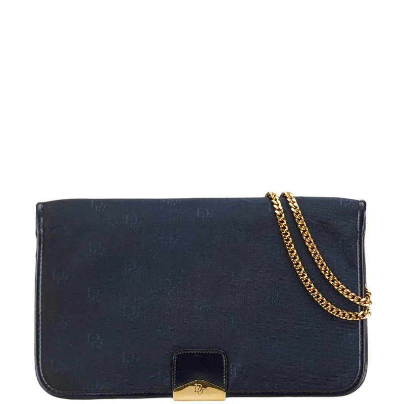 Christian Dior Dior Chain Shoulder Bag Navy Canvas Leather Women's