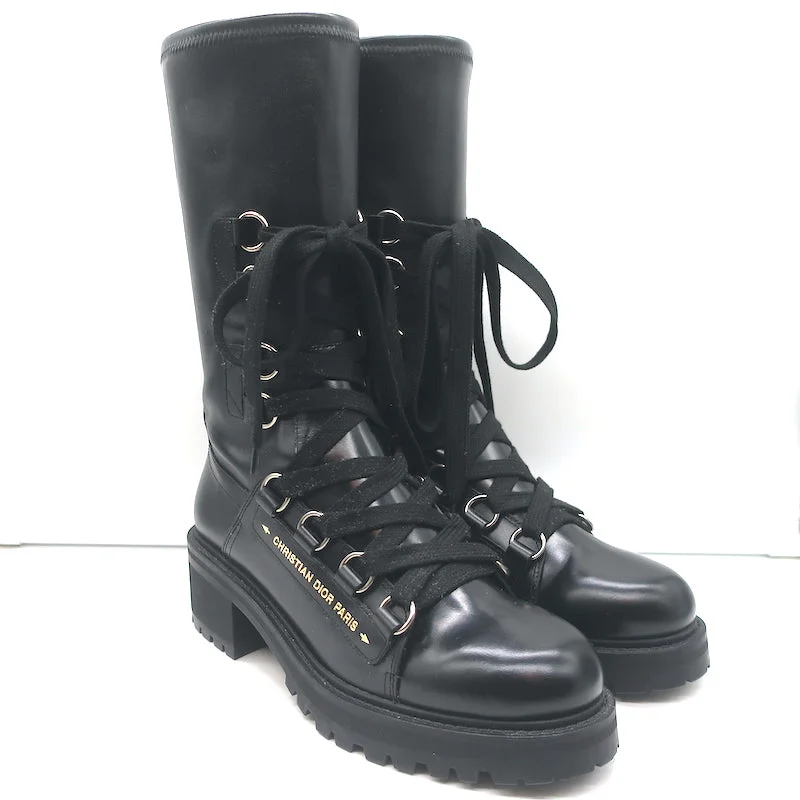 Christian Dior D-Fight Lace-Up Combat Boots Black Stretch Leather Size 42