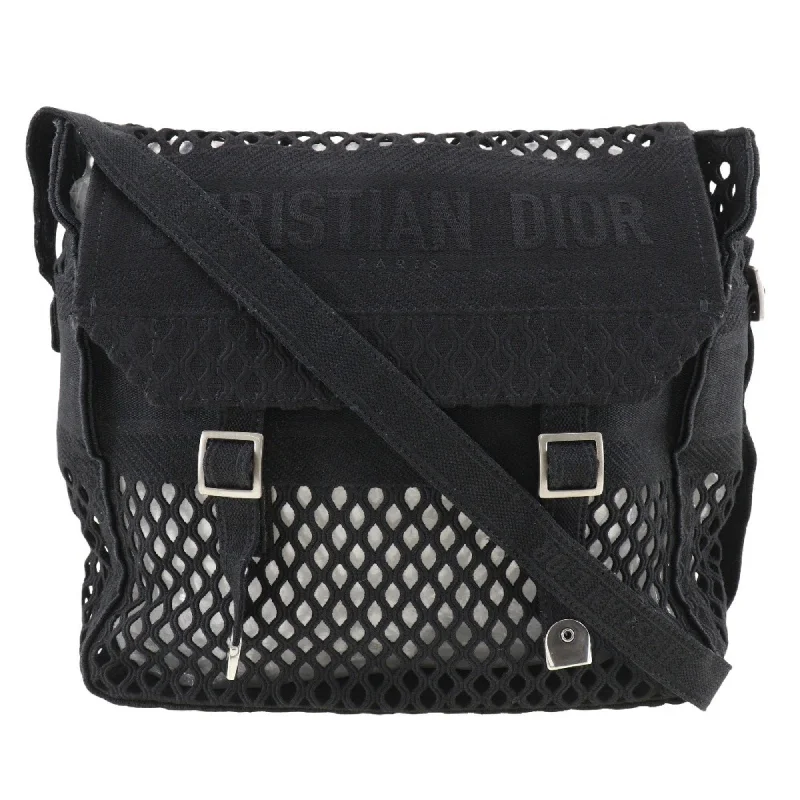 Christian Dior Shoulder Bag Mesh Canvas Black A5 Belt Clasp Messenger Women's