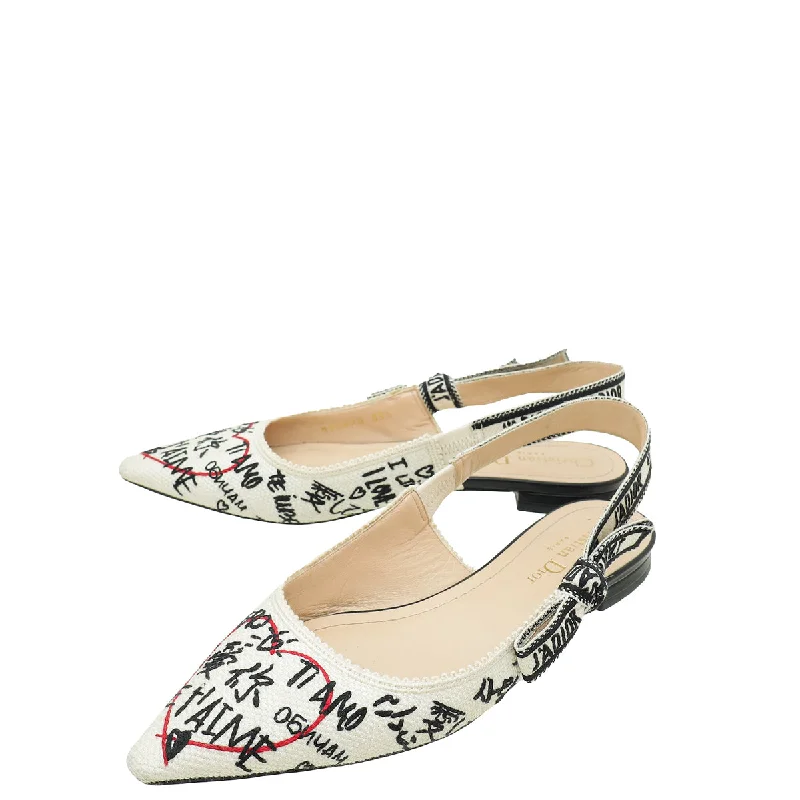 Christian Dior White Multicolor J'adior Technical Fabric Dioramour Graffiti Slingback Flats 35.5