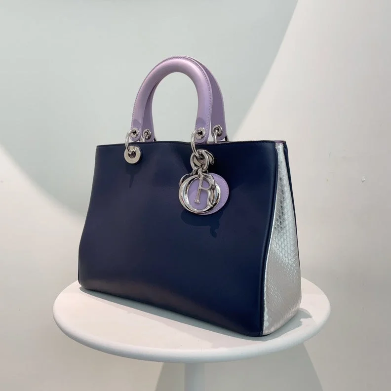 Dior Lady Blue Purple Silver Leather Handbag Medium