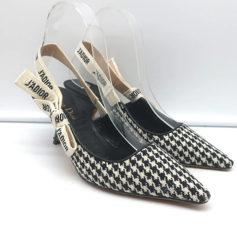 Christian Dior J'Adior Slingback Pumps Black & Cream Houndstooth Wool Size 36.5