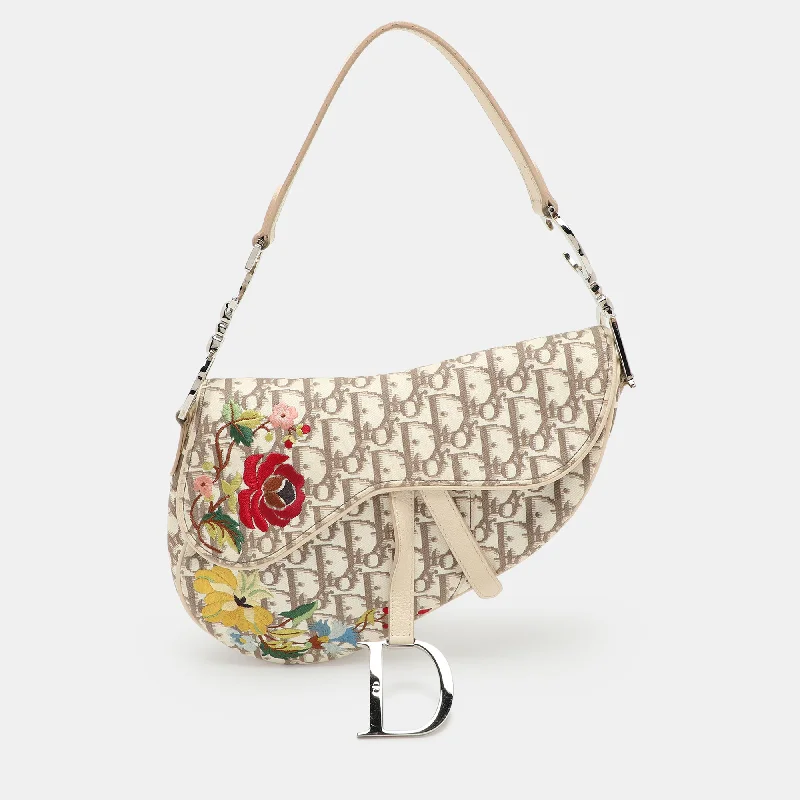 Dior Beige/white Oblique Canvas And Leather Floral Embroidered Saddle Shoulder Bag