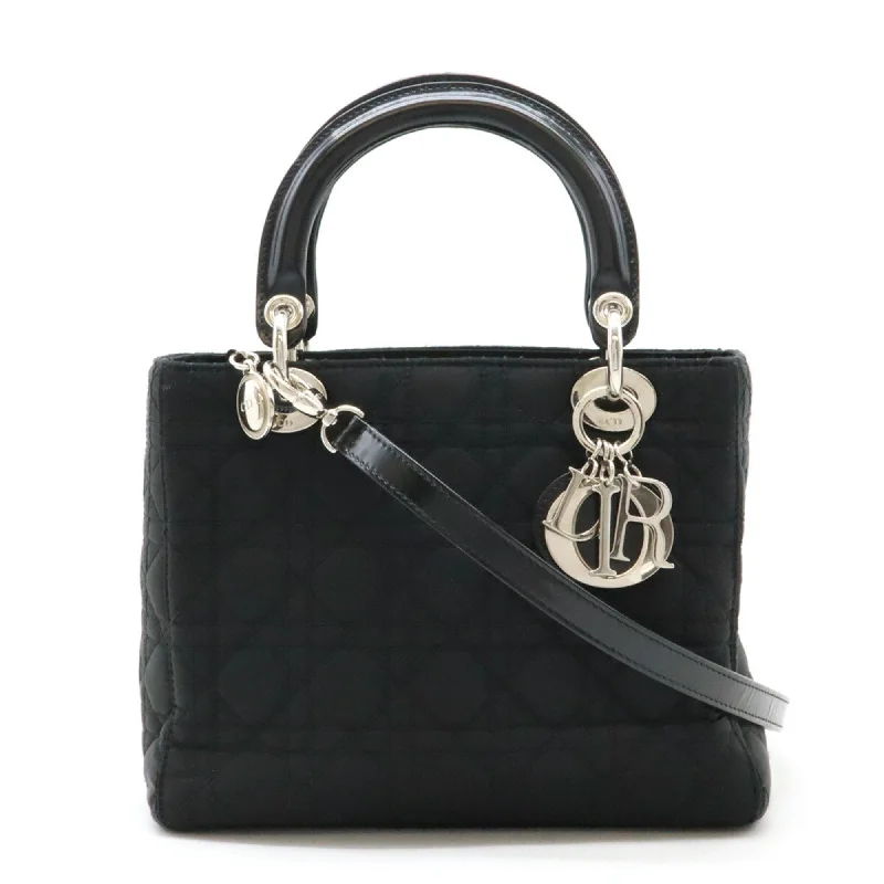 Christian Dior Lady Cannage Handbag Shoulder Bag Nylon Black