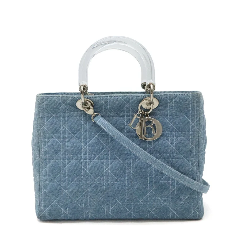 Christian Dior Lady Cannage Handbag Shoulder Bag Denim Light Blue Clear