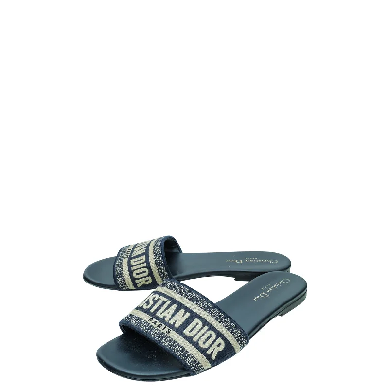 Christian Dior Navy Blue Dway Embroidered Flat Sandal 38.5