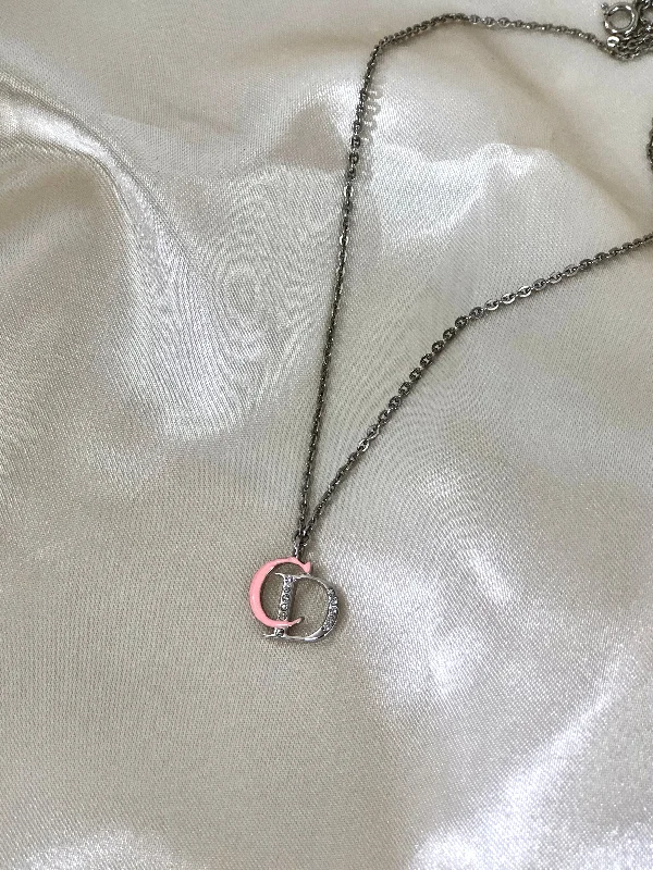 Christian Dior CD Logo Necklace Pink Silver Vintage Old nya2c5